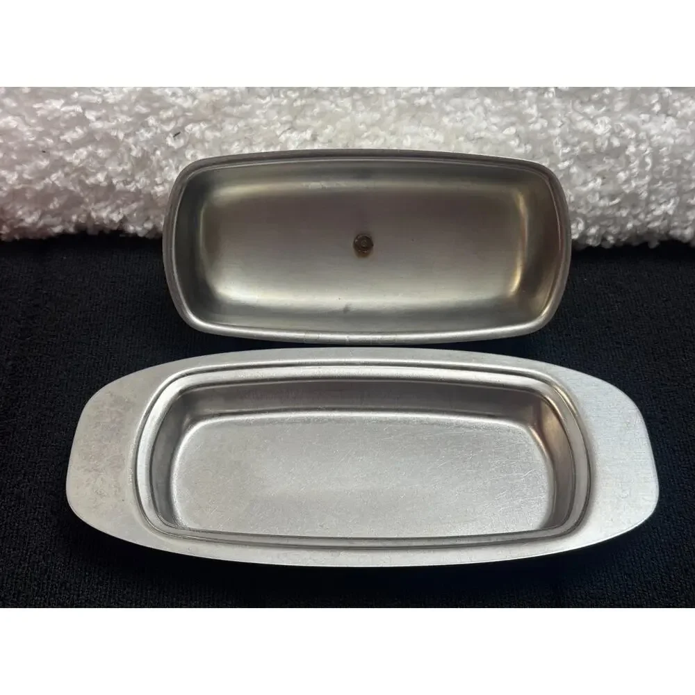 Vintage MCM Strata Sheffield USA Stainless Steel Butter Dish w/ Lid